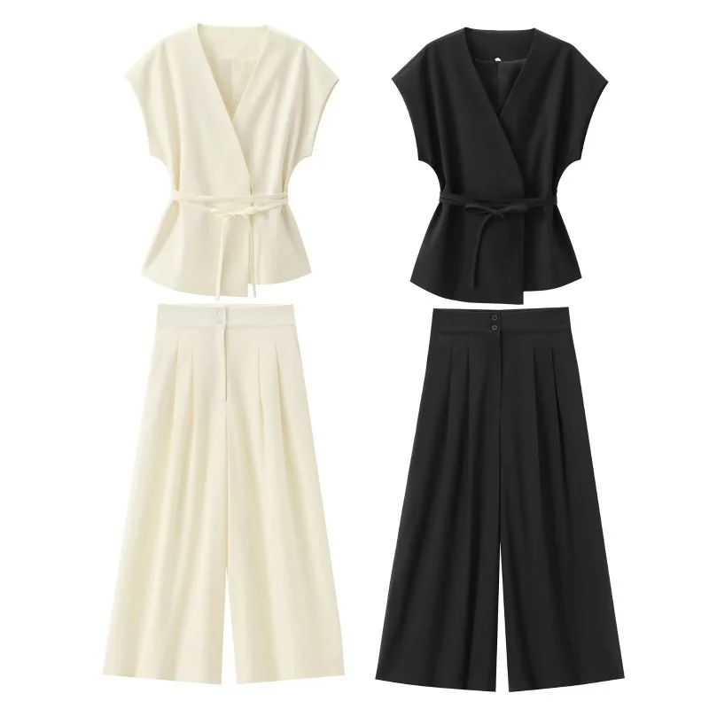 Spring Summer Women Casual 2 Piece Set Sleeveless Drawstring Top Wide Leg Pants All Ages Matching Color Outfit
