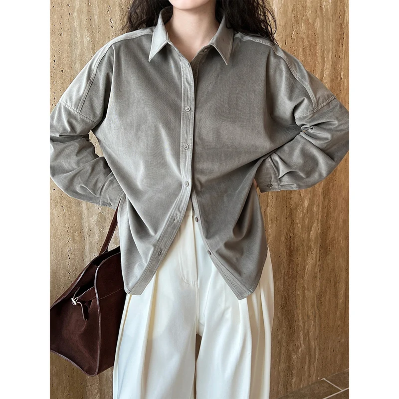 

TFETTERS Korean Fashion Women Tops Thickened Frosted Corduroy Shirt for Women 2024 Spring Solid Casual Turn-Down Collar Camisas