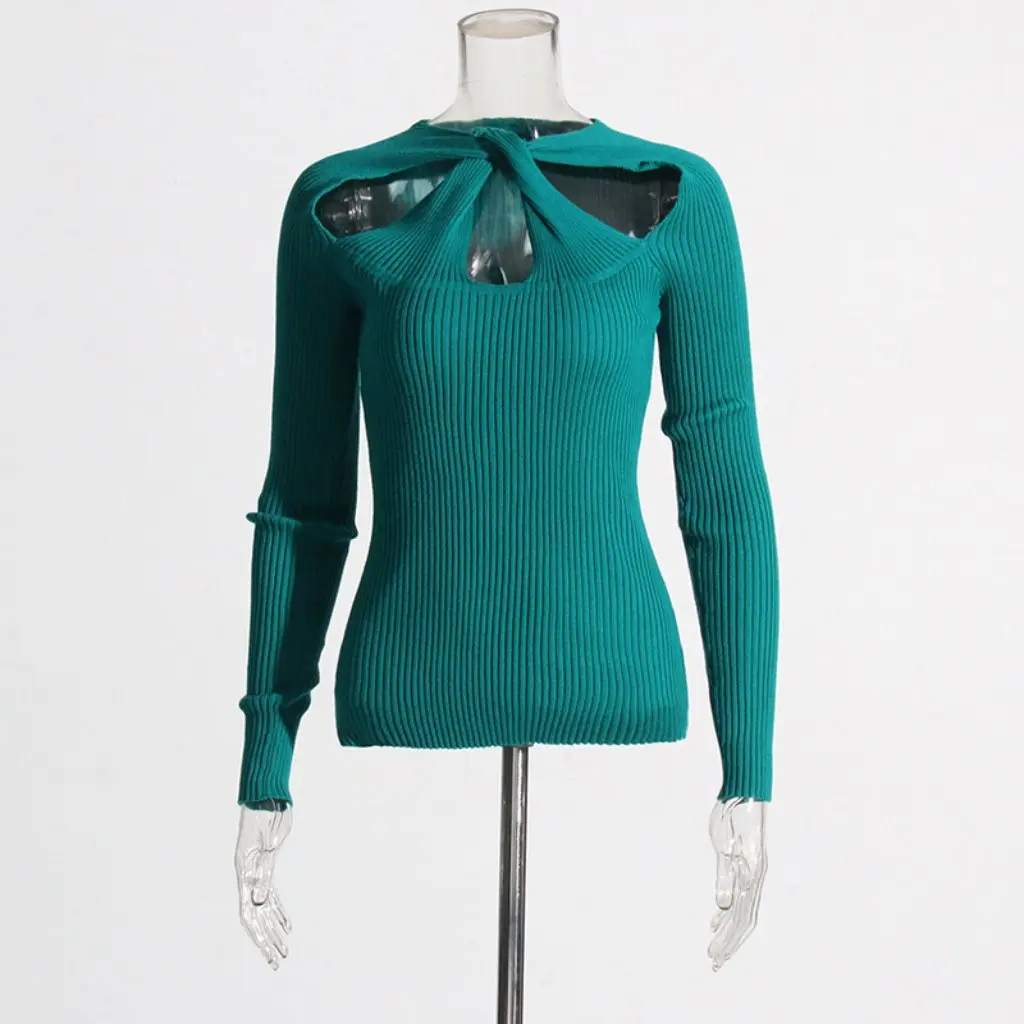 

European And American Style Knitted Women's Top Sexy Slim Fit Sweater Cut out Design Mature Autumn Fashion for Women