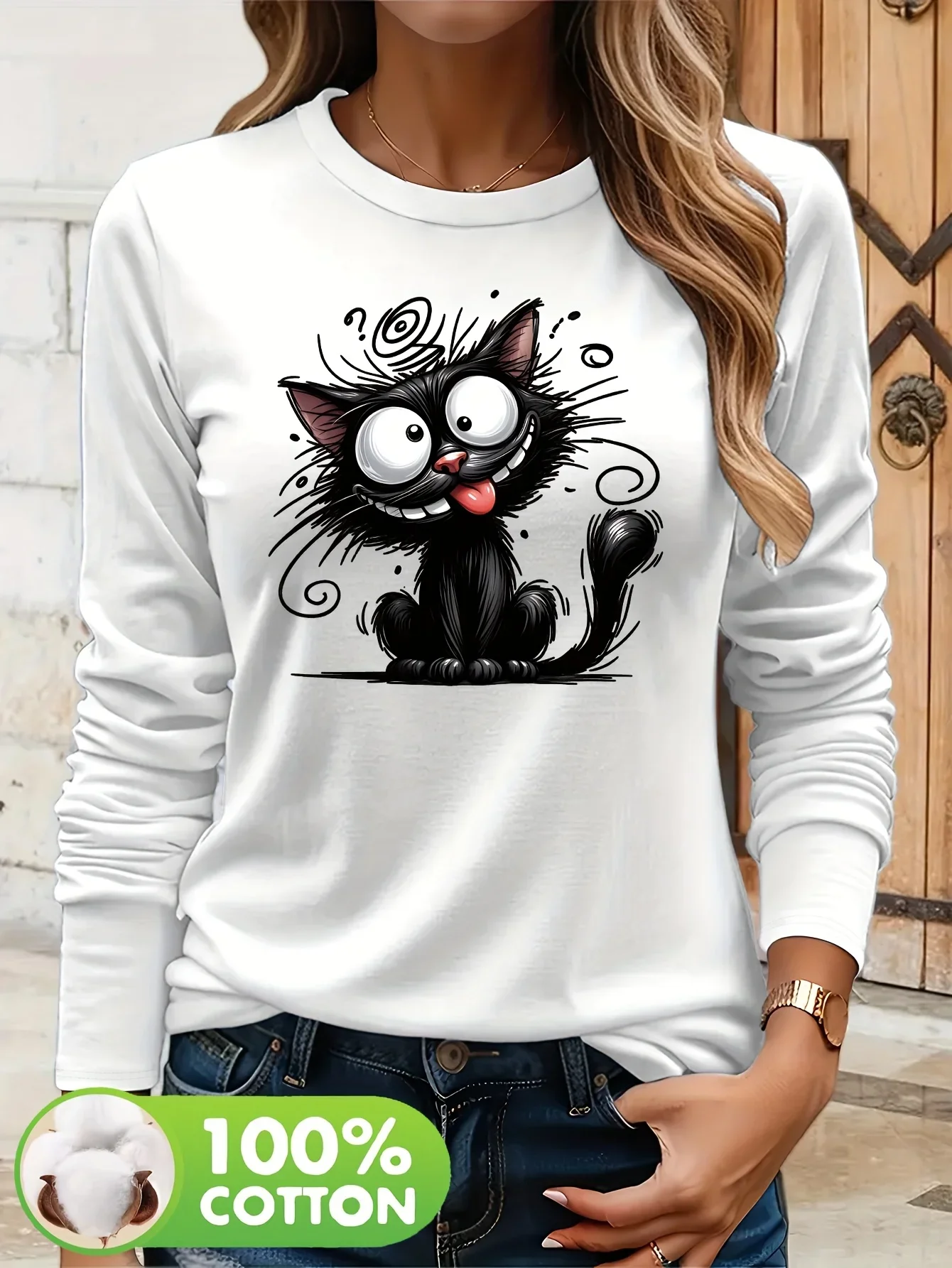 Kawaii 100% Cotton Long Sleeve T-Shirt with Playful Black Cat Graphic Casual Round Neck Women'S Top Tee for Fall Winter