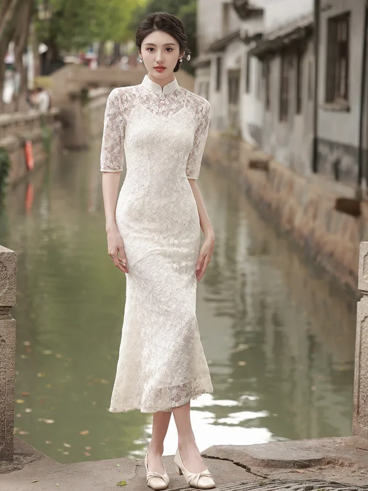 Cheongsam Dress Women's Slim Plus Size 2024 Spring Lace Hollow Splicing Stand Collar Chinese Style Qipao Fishtail Dresses Woman