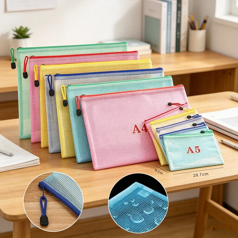 5/20/50/100PC Stationery Storage Bag Folder File Mesh Zipper Pouch A4/A5/A6 Zip File Folders Document Organizer Office Supplies