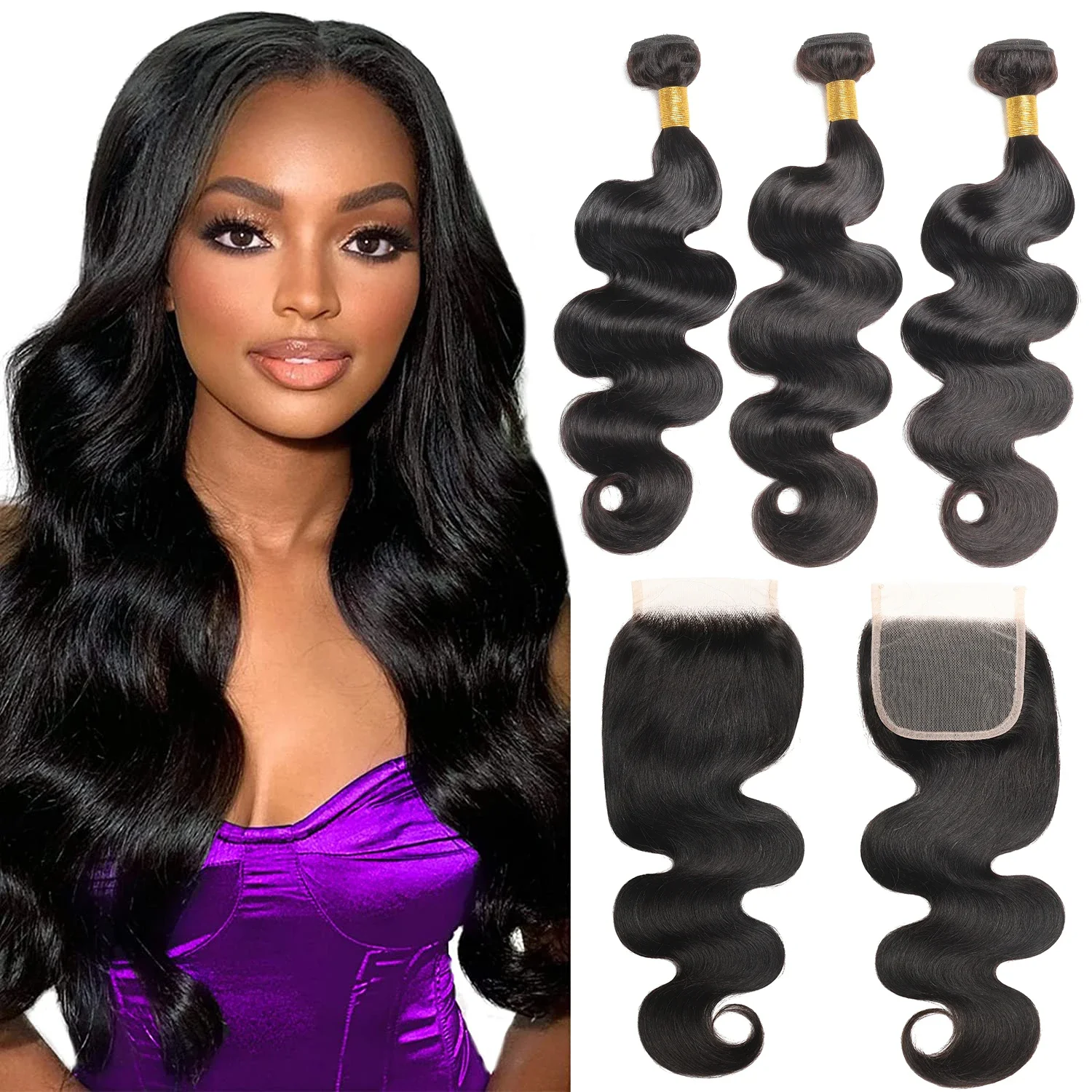 

Malaysia Body Wave Bundles With 4x4 Lace Closure 100% Virgin Human Hair 3/4 Bundles with Closure Human Hair Extensions For Women