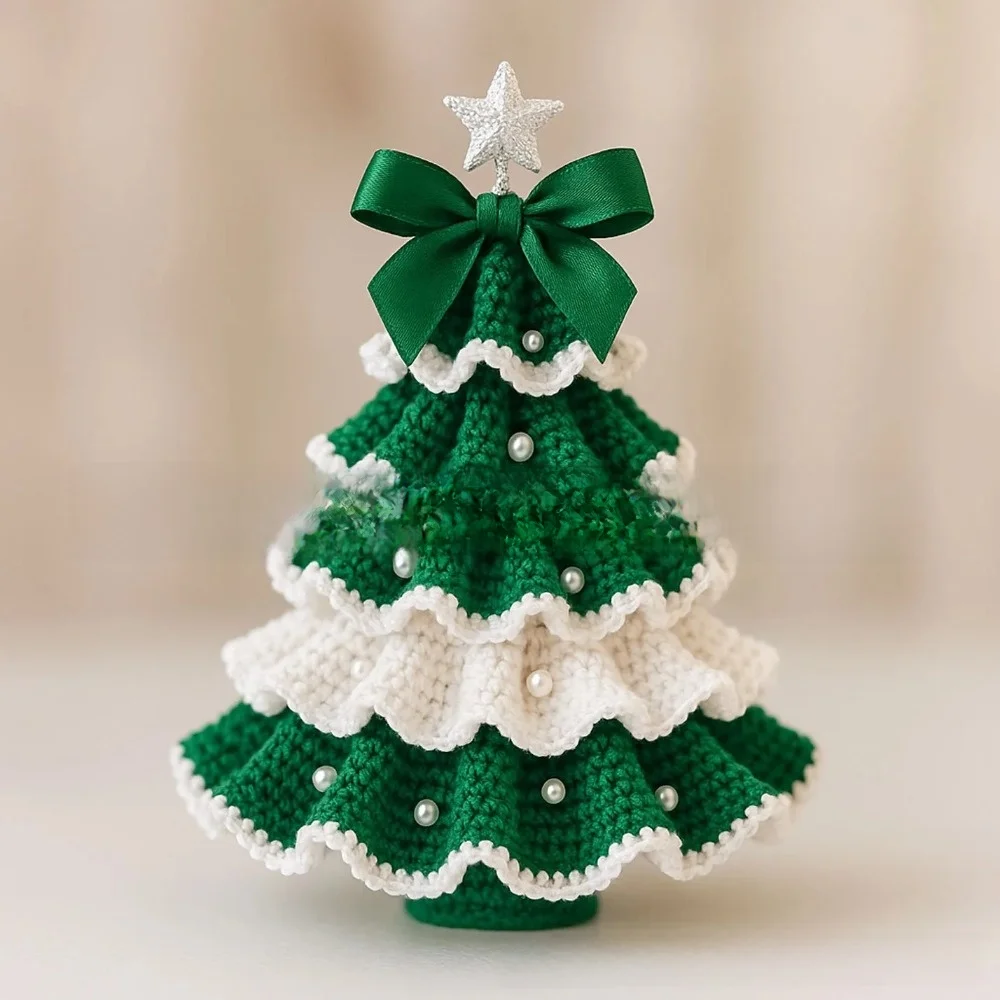 

Handmade Crochet Christmas Tree Kit Festival with Bow Faux Pearl Christmas Party Crochet Tabletop Christmas Tree for Beginner