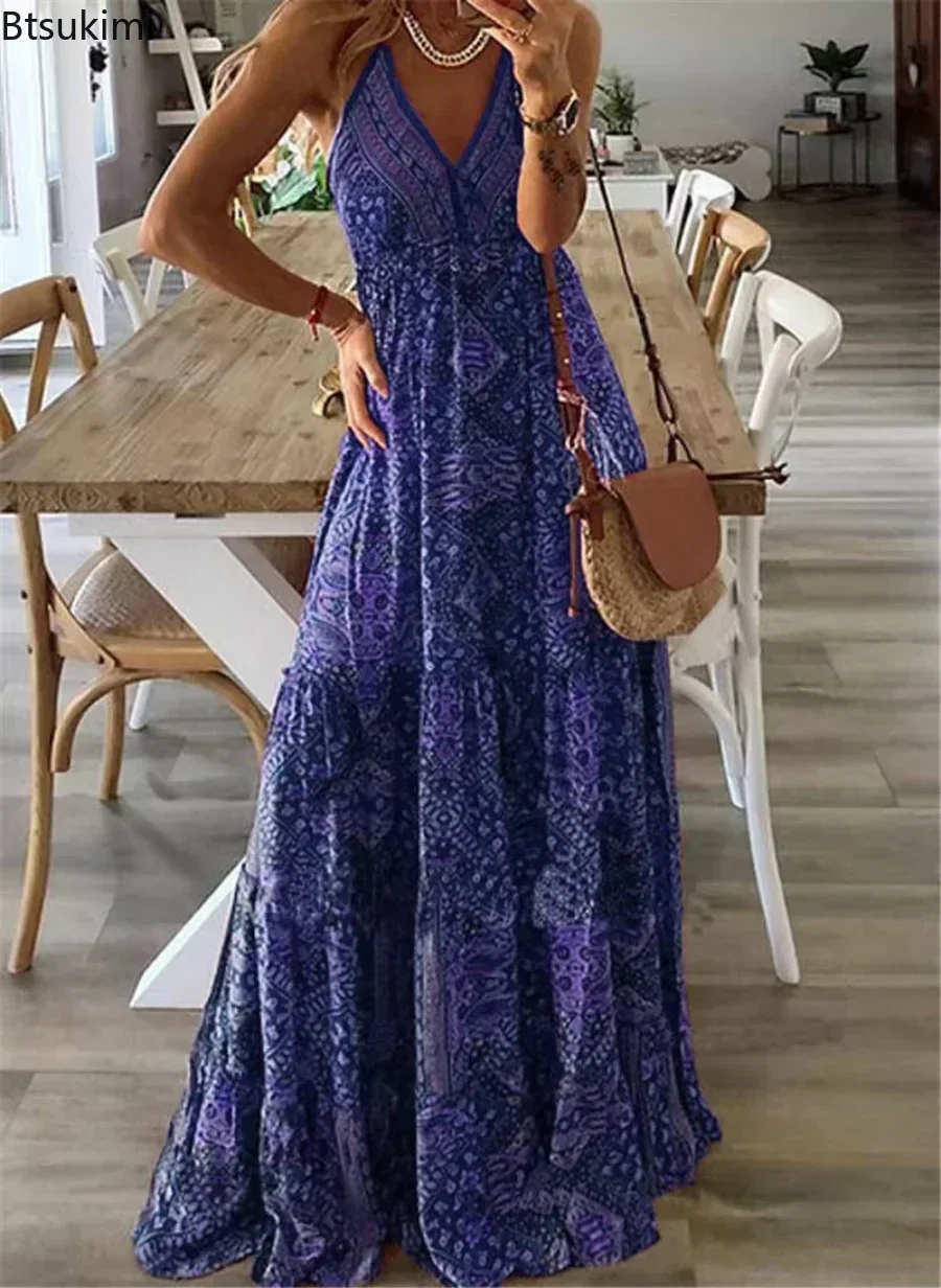 2024 abiti lunghi Boho estivi da donna eleganti abiti da festa con scollo a V Vintage stampati senza maniche Sexy Slim Maxi Beach Dress Mujer