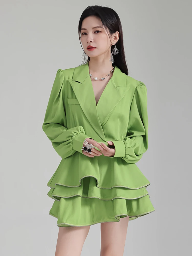 [EAM] Women Green Ruffles Elegant Mini Blazer Dress New Lapel Long Sleeve Loose Fit Fashion Tide Spring Autumn 2024 1DH2384