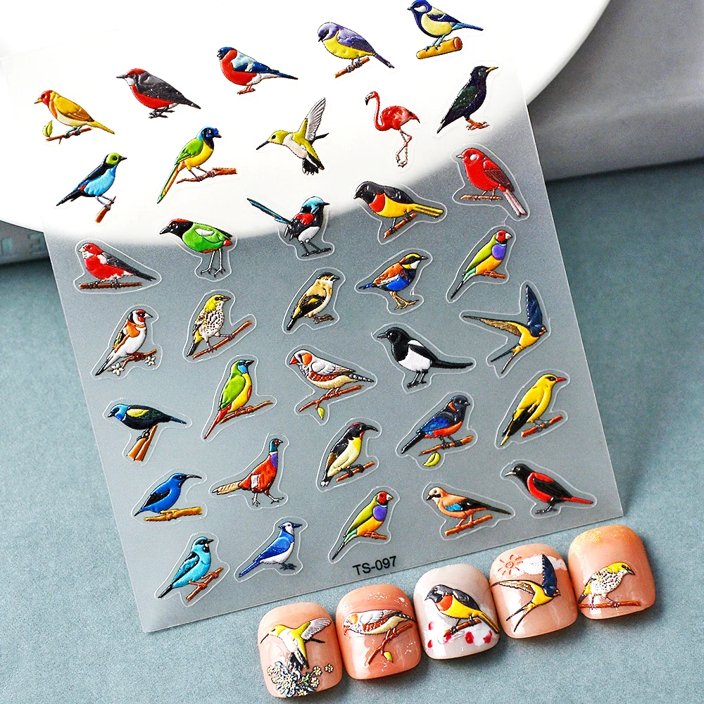 Multiple Styles Colorful Bird Magpie Swallow 5D Soft Embossed Relief Self Adhesive Nail Art Decoration Sticker 3D Manicure Decal