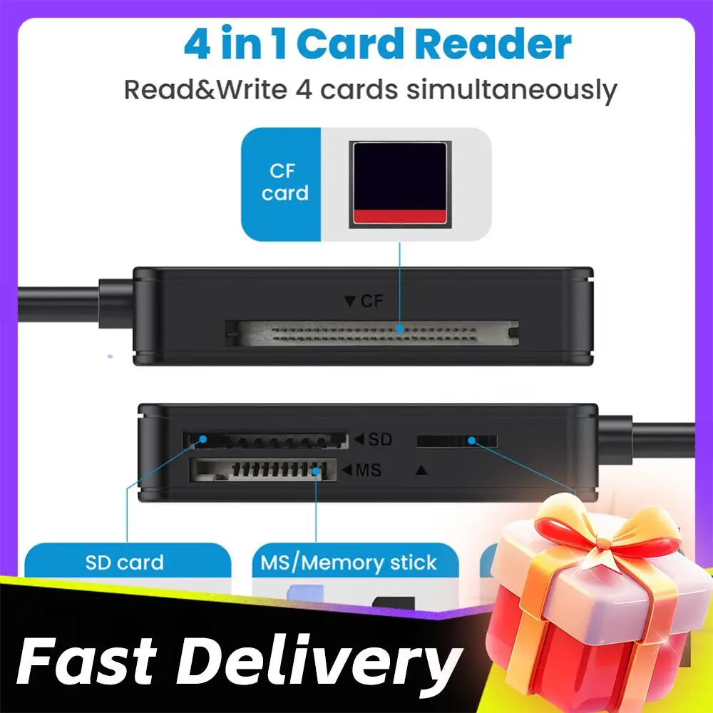 

USB-кардридер USB 3.0 Type-C 4-в-1, USB-устройство для чтения карт памяти, 5 Гбит/с, для смарт-карт, кабель 20 см, SD, TF, CF, MS
