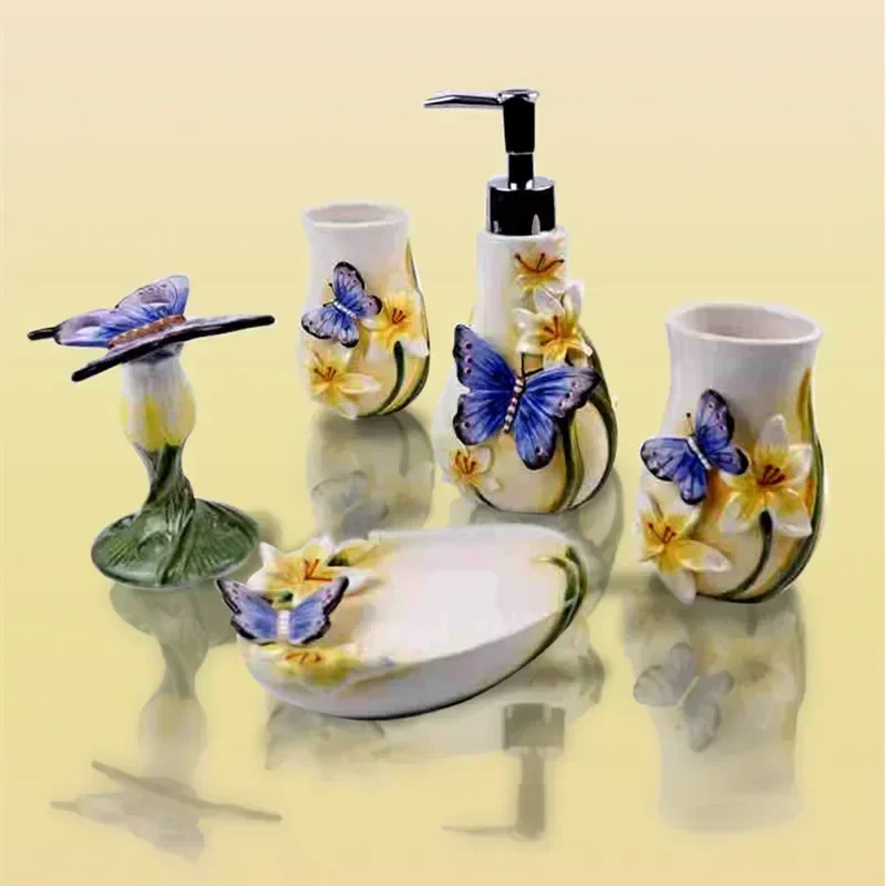 Accesorios de baño de mariposa, taza de enjuague bucal, jabonera, soporte para cepillo de dientes, botella de loción, artículos de tocador para el