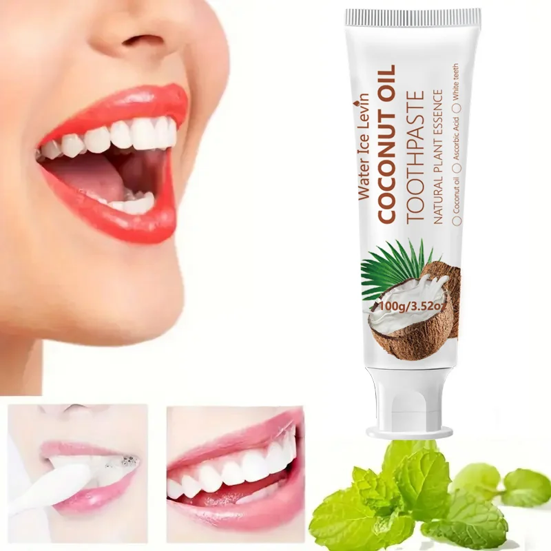 Dentifrice à l'huile de coco 100g, essence végétale naturelle, blanchit les dents, nettoyage en profondeur, haleine fraîche, élimination des taches, soin buccal quotidien doux