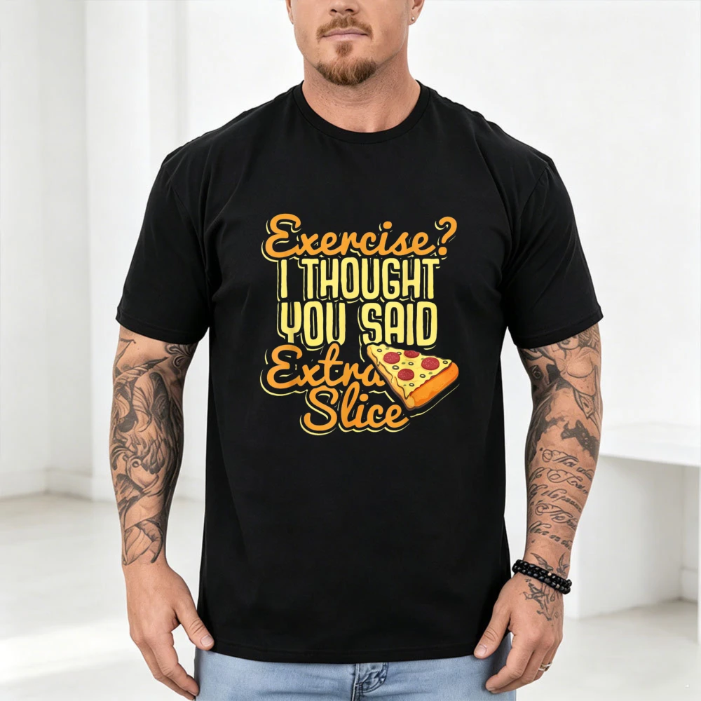 Funny Pizza Slice Gym Joke Men Tee Foodie Retro Daily Vacation Tshirt Vintage Graphic Cotton Short Sleeve Tops Breathable Shirt