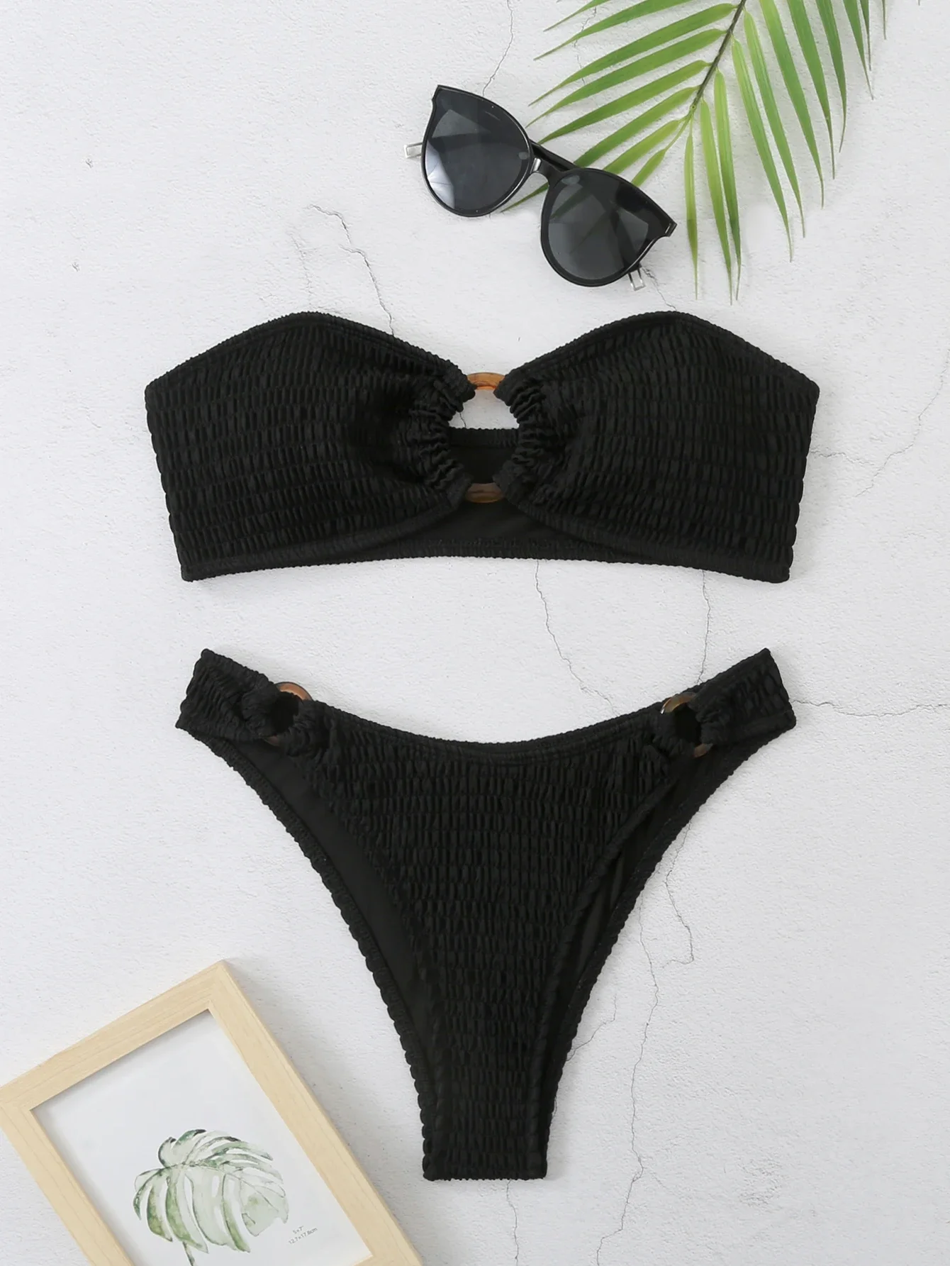 2025 бикини с высоким вырезом и кольцом, купальник-бандо, женский однотонный сексуальный купальник, женский купальный костюм, купальный костюм, пляжная одежда