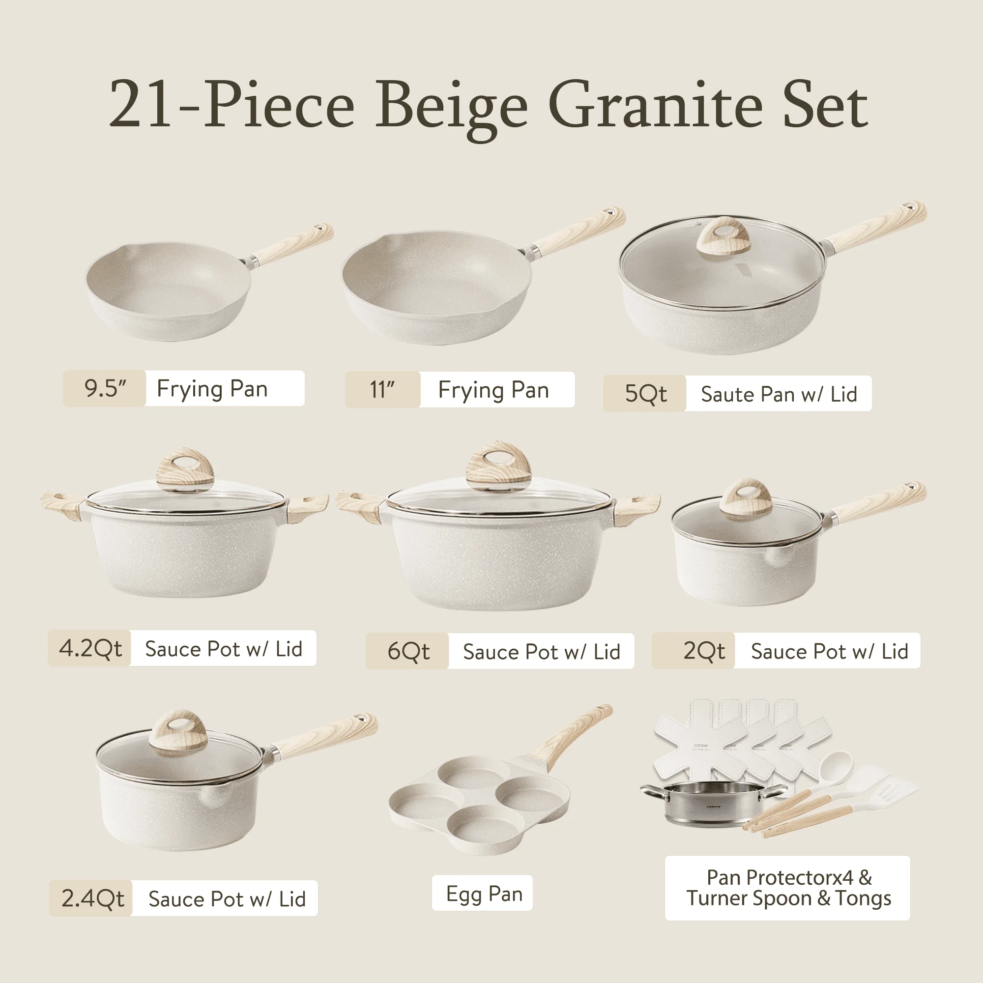 Non Stick Pots and Pans Set, 21 Pcs Induction Kitchen Cookware Sets Beige Granite perfect Cookware Sets