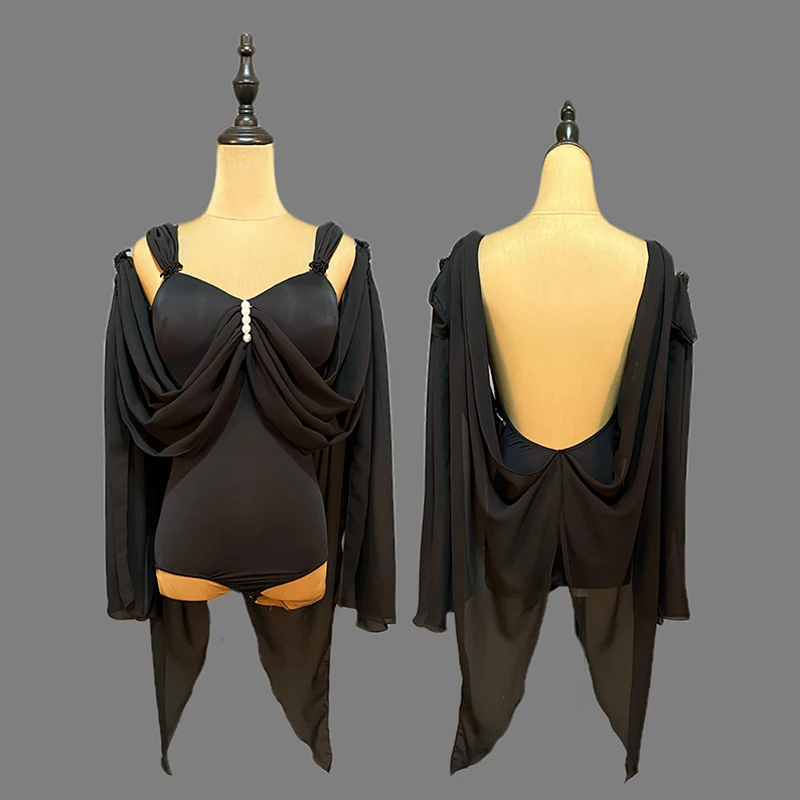 ชุดฝึกซ้อมเต้นรำบอลรูมสำหรับผู้หญิง บอดี้สูทแขนยาวสีดำ ชุดเต้นรำสมัยใหม่มาตรฐาน ชุดฝึกซ้อมวอลซ์ รุ่น VBH2059