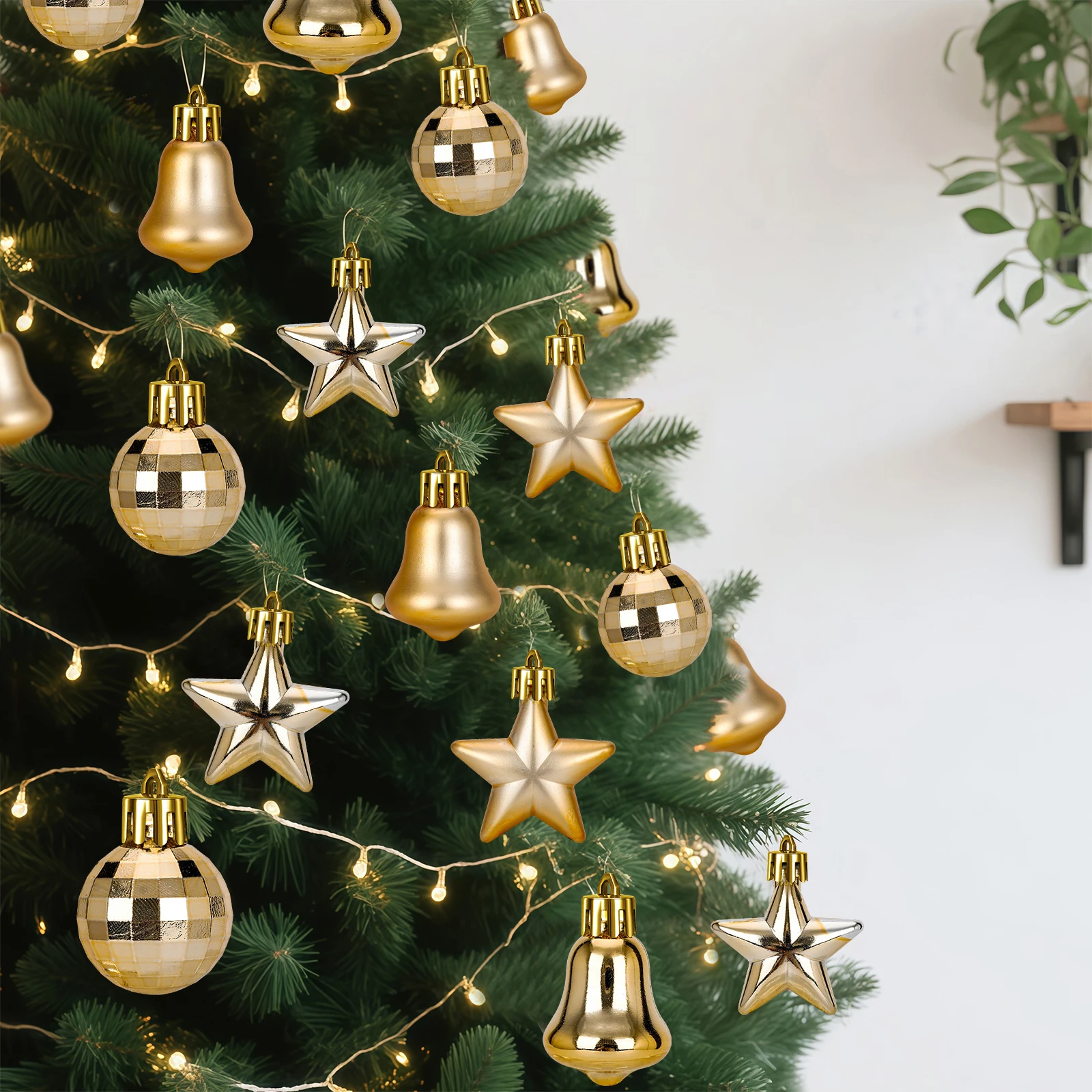 20pcs bucket of colorful Christmas balls, with star and bell shapes, available in a variety of colors