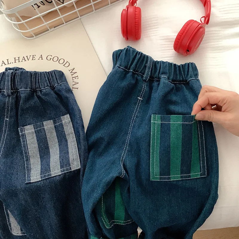 Children\'s Jeans 2024 Autumn Korean Boys Pants Fashion Striped Patch Casual Denim Trousers 1-6Y Kids Clothes Boy\'s Jeans