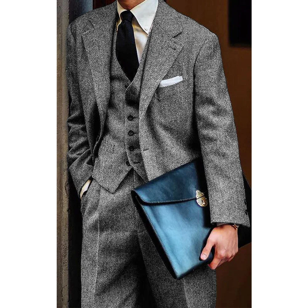 Men's Herringbone Suit 3 Piece Set Notch Lapel Single Breasted Slim Fit Comfortable Elegant Business Suit Casual Stylish Formal