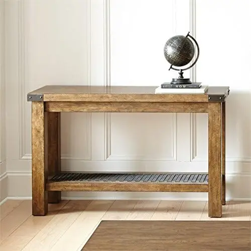 Rectangular Rustic Console Table in Distressed Oak,Industrial Styling with Hardware Accents on the Table Top Corners