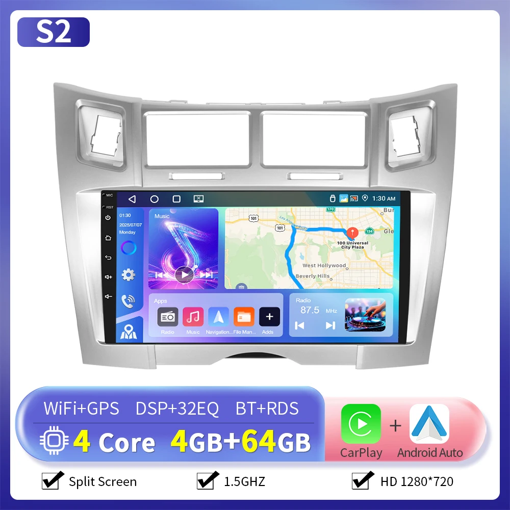Camecho 6 + 128G Autoradio Draadloze CarPlay Android Auto Voor Toyota Yaris Vizi 2005-2011 Auto intelligente Systeem GPS Stereo 4G WiFi