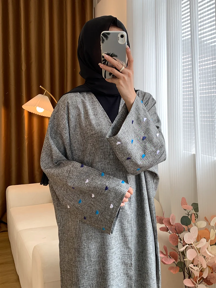 Abaya Linen terbuka bordir Bulan desain hati dengan kelelawar lengan longgar Muslim Set untuk wanita 2024 tanpa kerudung gaun dalam