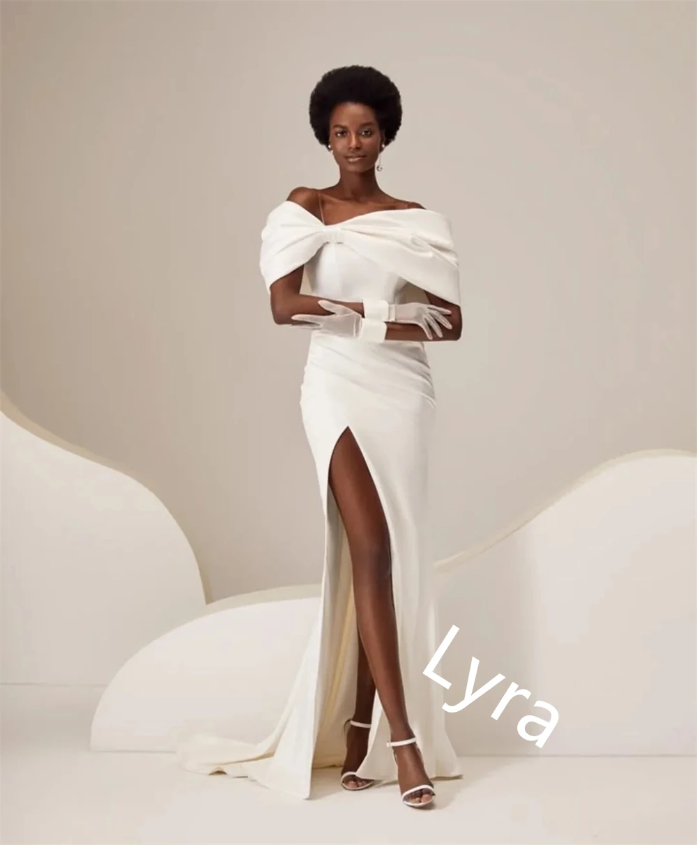 Gaun Malam Jersey Putih Mewah Kustom Gaun Selebriti Tanpa Lengan Tali Spaghetti Bahu Terbuka Gaun Selebriti Vestido De Festa