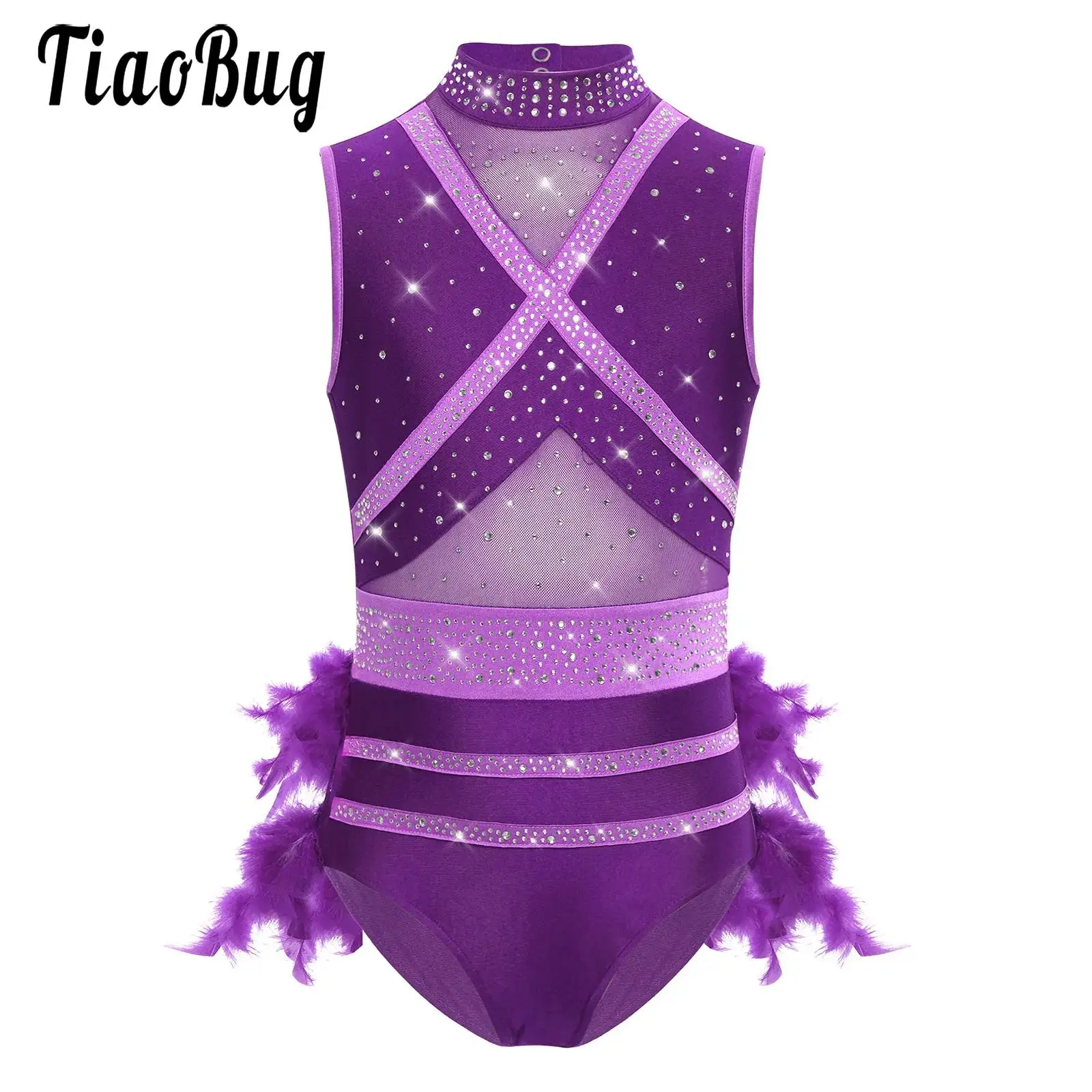 

Kids Girls Tutu Gymnastic Jazz Modern Dance Performance Costume Sleeveless Mesh Rhinestones Patchwork Feather Leotards Dancewear
