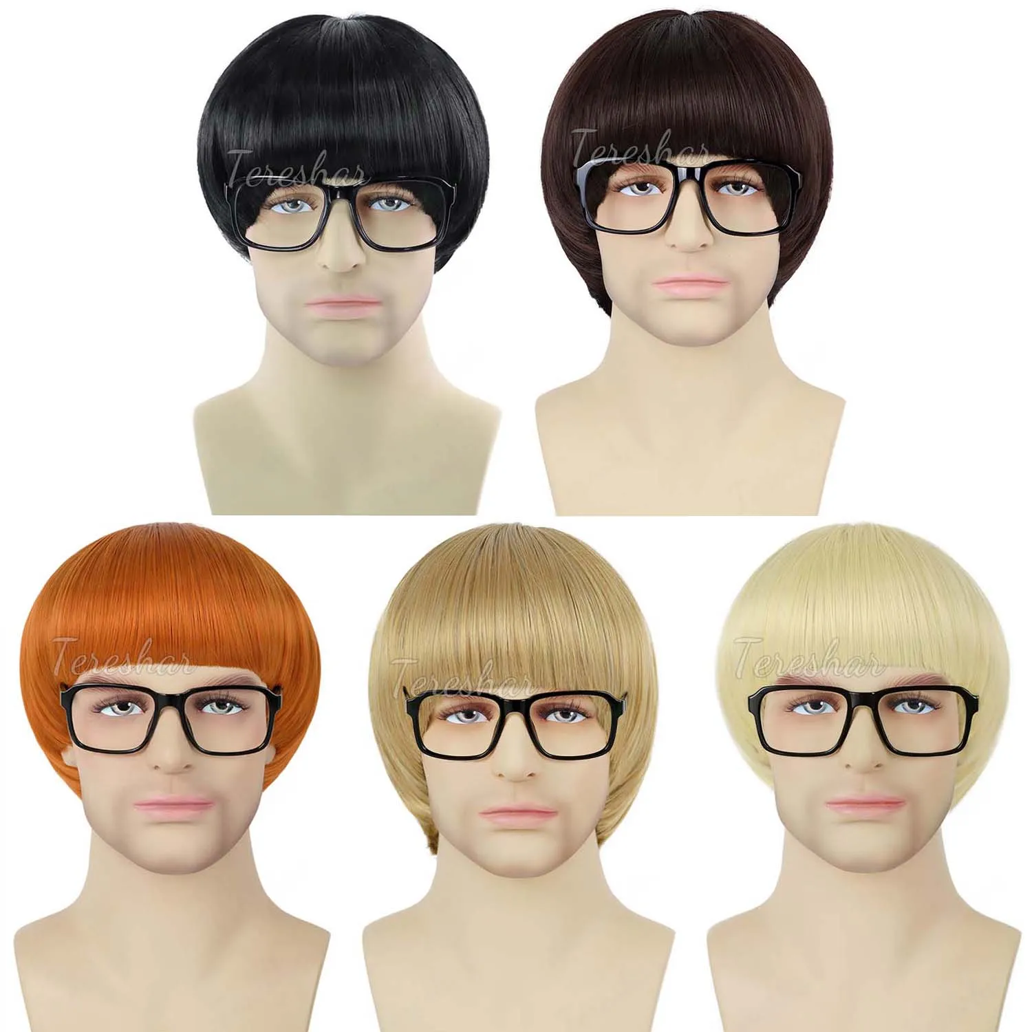 Synthetic Short Orange Cosplay Wig for Men,60S Colorful Bowl Cut Hair with Glasses,Anime Retro Mushroom Wig for Halloween Party