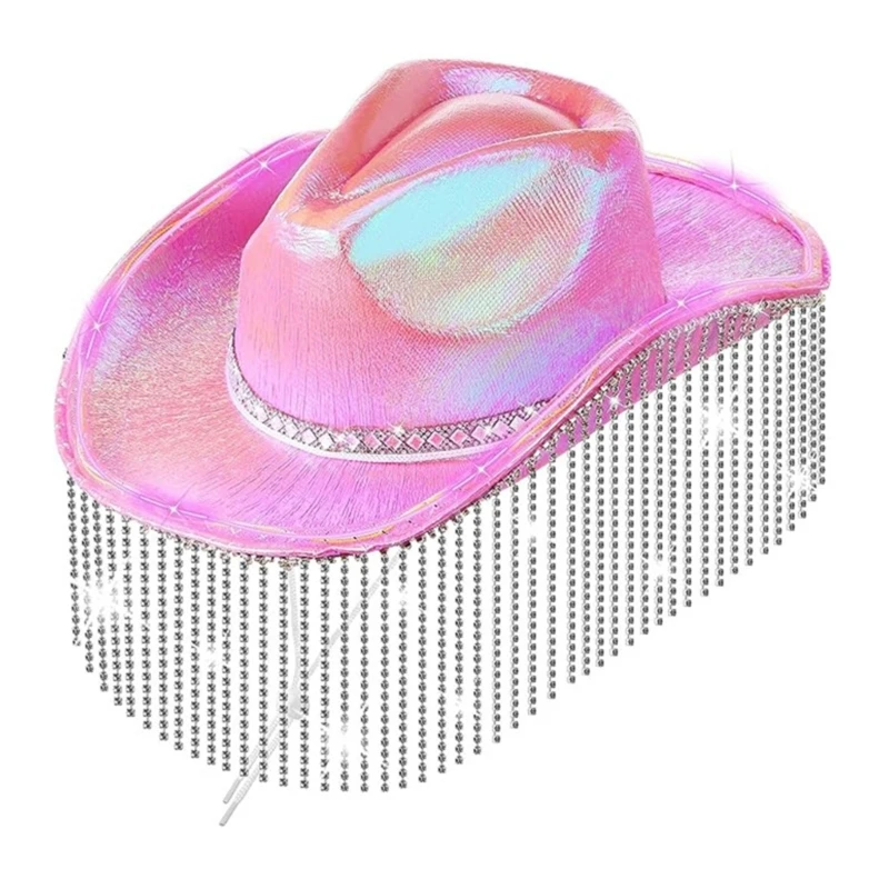 Summer Sunproof Diamond Cowgirl Hat for Woman Men Breathable LED Cowboy Hat with  Tassels Western Party Hat