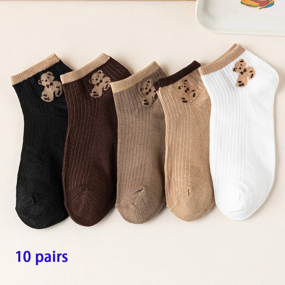 Women\'s 10 Pairs of Cartoon Bear Cute Pattern Ribbed Knitted Breathable Ankle Socks WOMEN\'S Short Tube Low Cut Socks