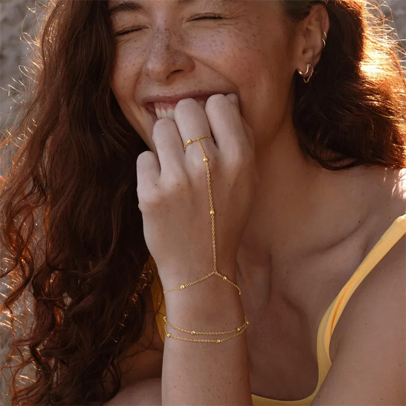 Fashion Thin Chain Connected Finger Ring Bracelets for Women Vintage Multilayer Beads Link Bangles Elegant Jewelry Gifts view 5