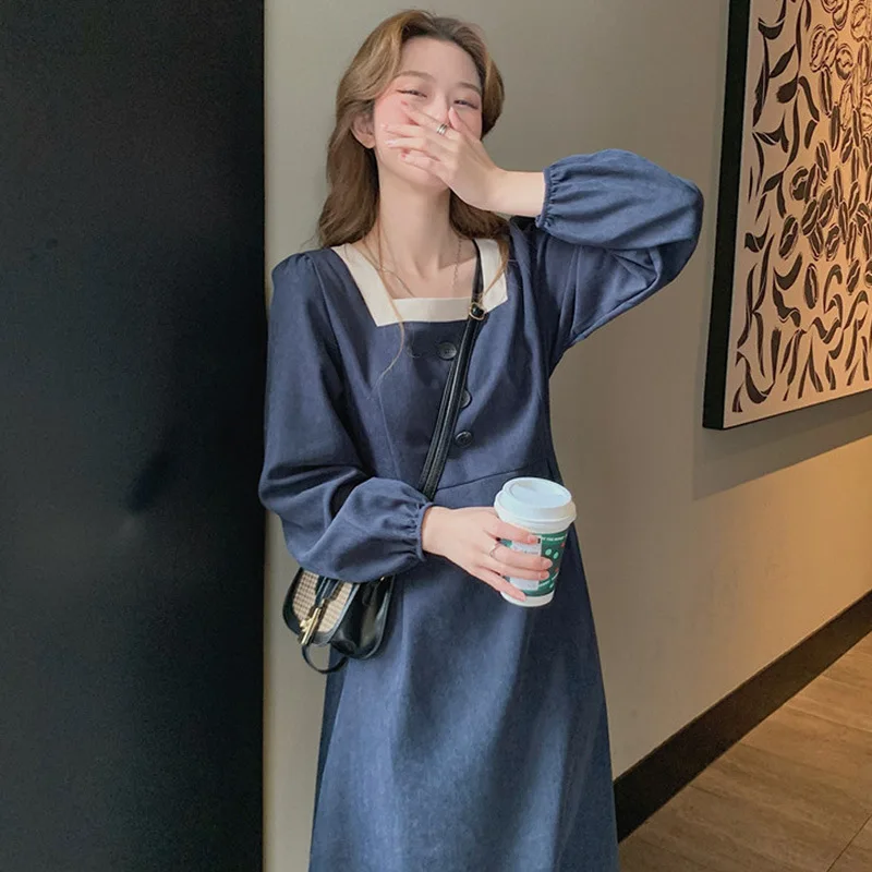 

Fashion Large Retro Corduroy Dress for Women Long Sleeved Thin Square Neck Skirt Casual Dress, High Quality New 2023
