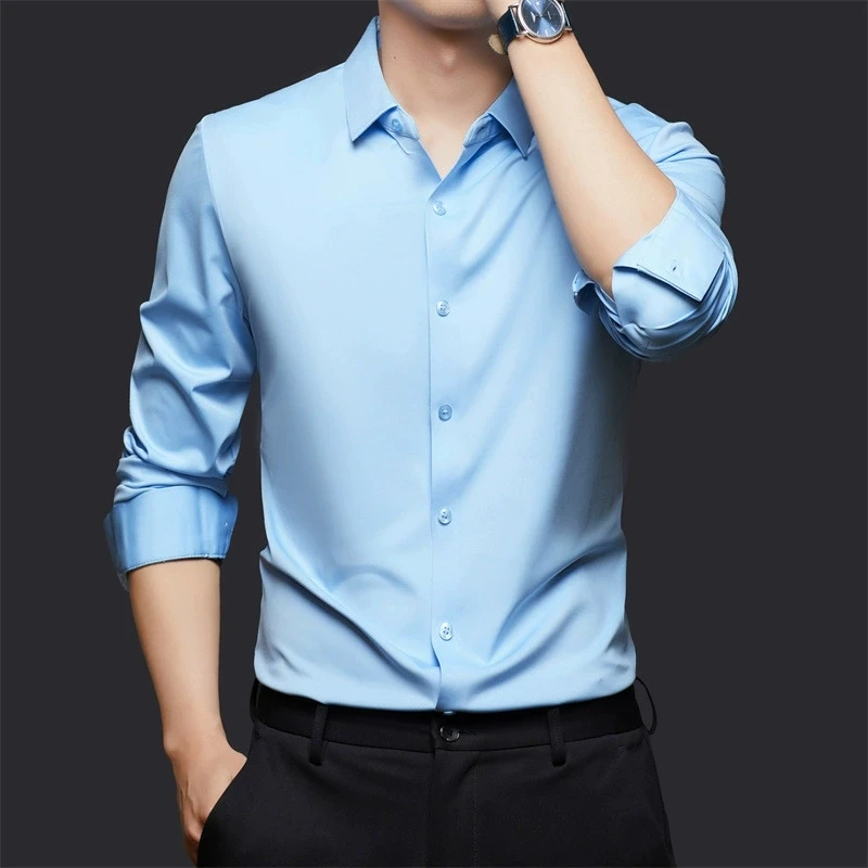 Men's Ultra Stretch Long Sleeve Shirt Business Casual High-Quality Slim Casual Luxury Smooth Shirt Social White Formal Dress Top