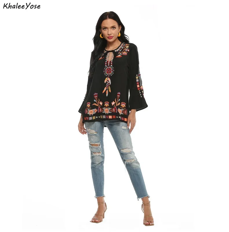 KHALEE YOSE Black Boho Embroidery Blouses Shirt Women Autumn Spring Mexican Shirt Long Sleeve Hollow Out 23xl Ethnic Chic Shirt