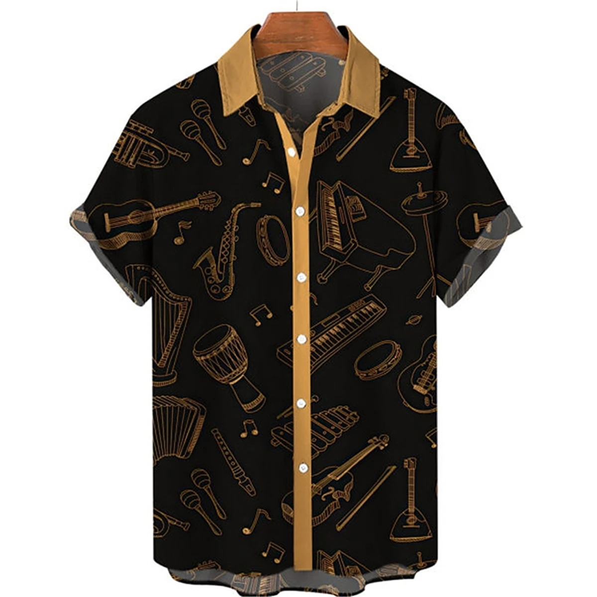 Hawaiian men\'s short-sleeved shirt dark gold musical instrument print lapel casual top loose large size