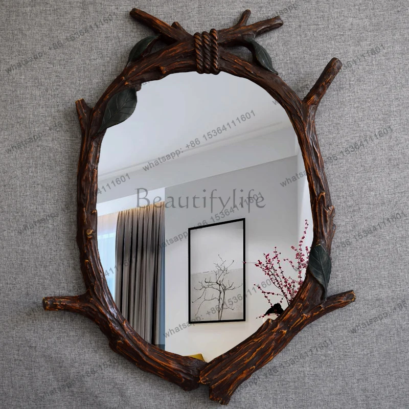 European American Country Rustic Style Faux Wood Branch Bathroom Mirror Vintage Wall Mounted Decorative Vanity Mirror
