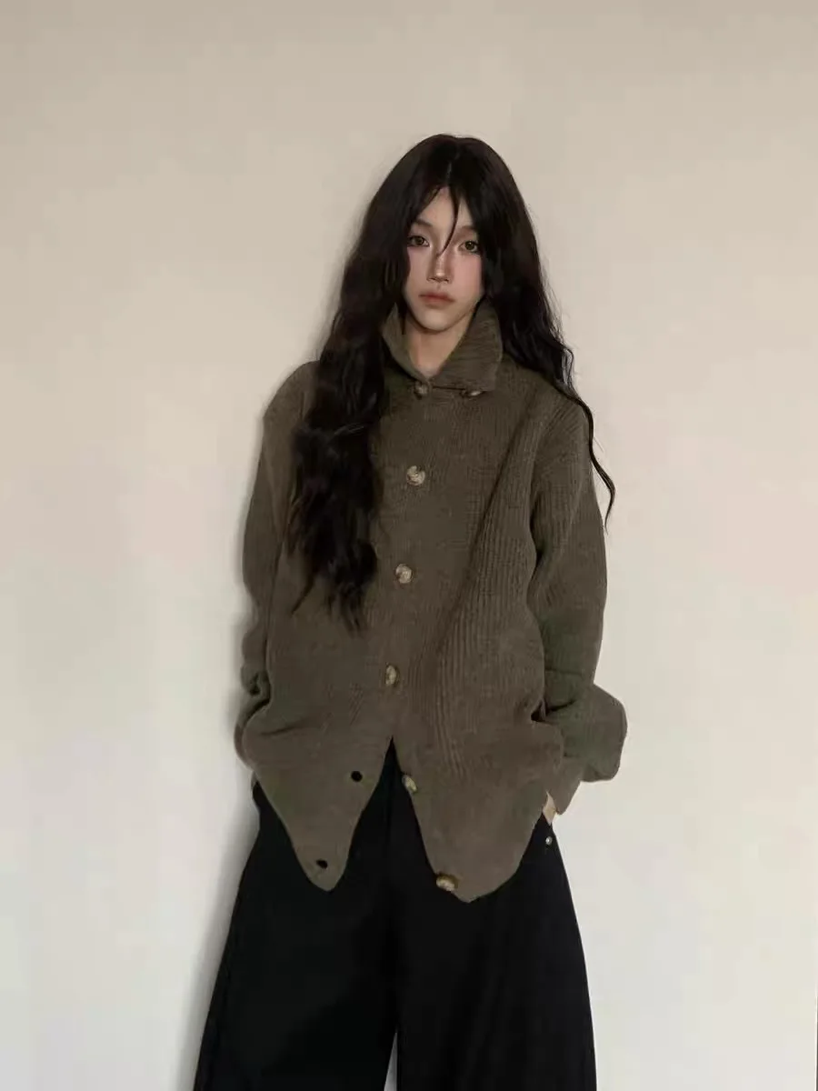 

Винтажный вязаный открытый кардиган с высоким воротником и пуговицами в американском стиле, осенне-зимняя универсальная верхняя одежда Cleanfit