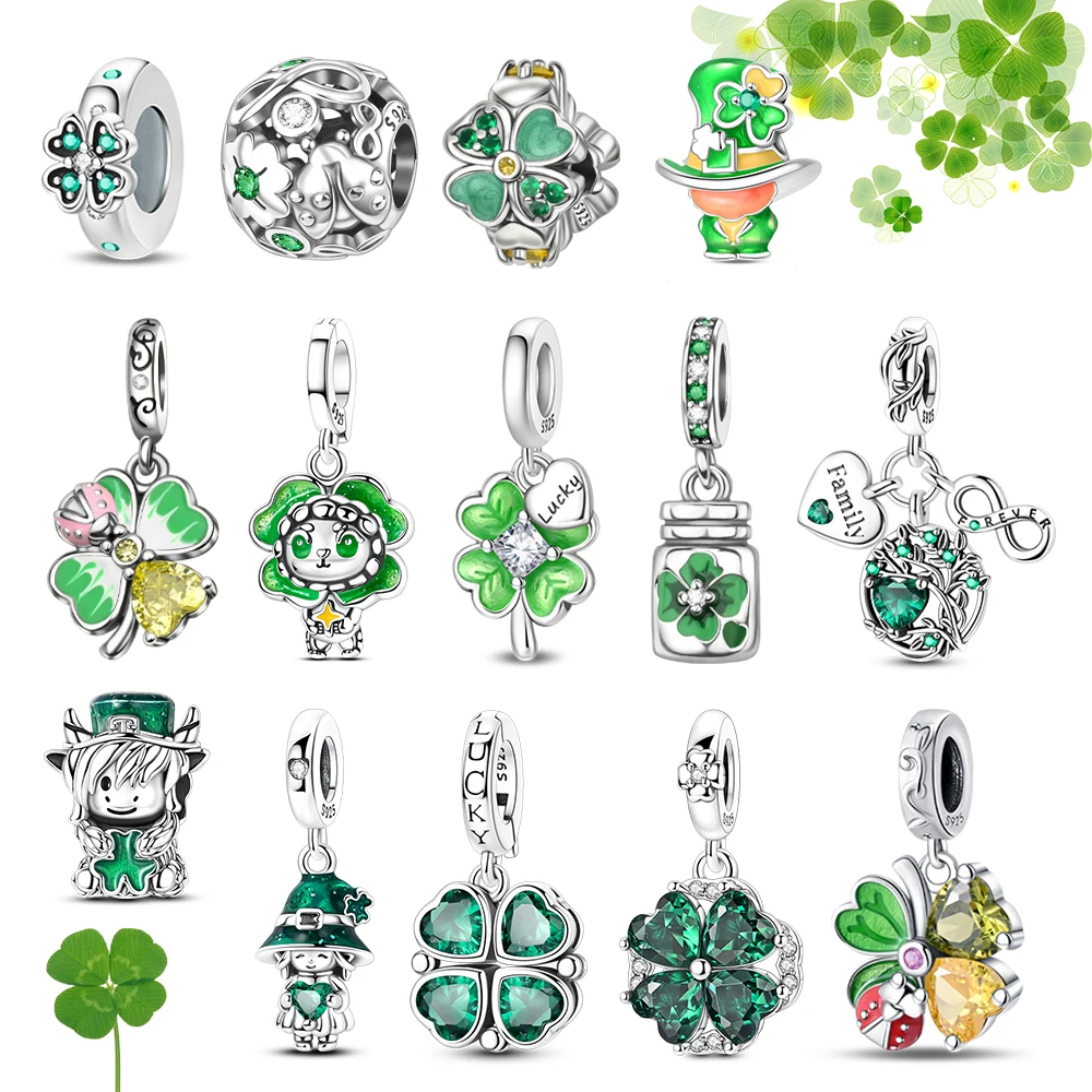 Lucky 925 Sterling Silver Green Four-Leaf Clover Three-Leaf Clover Charm Fit DIY Bracelet Necklace Gifts Symbolizing Happiness