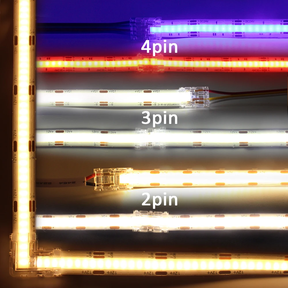 Conector de tira de LED COB, 2 pines, 3 pines, 4 pines, 5mm, 8mm, 10mm, conector de cable rápido sin soldadura para tiras de luces LED de un solo