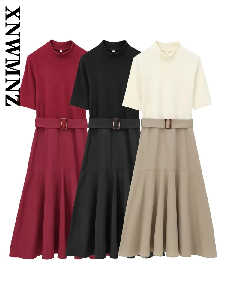 XNWMNZ 2024 New Woman Classic Side Zipper Midi Skirt Dresses Commuting Lady Turtleneck Collar Dress Regular Fit Short Sleeve