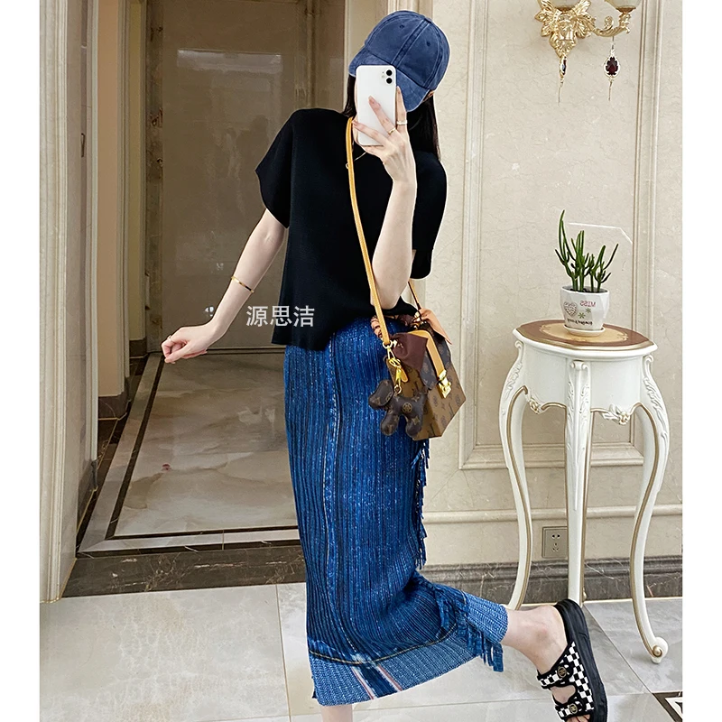 Miyake Pleated Denim Printed Tassel Skirt with Summer High Waisted and Slim Straight Leg, Medium Length Design Skirt