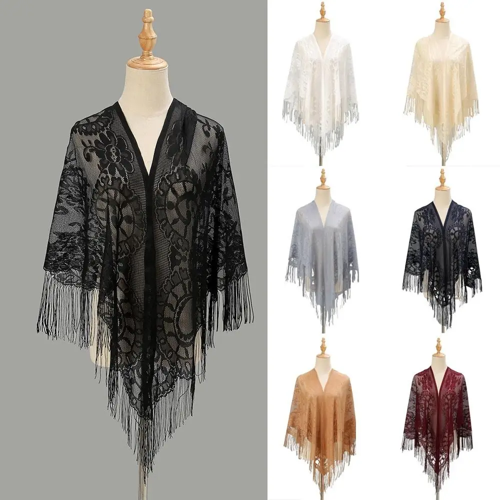 Tassel Patchwork V-Neck Cardigans Women Vintage Shawl Party Dinner Top Scarf Shawls Mesh Cloak Capelet Fringes