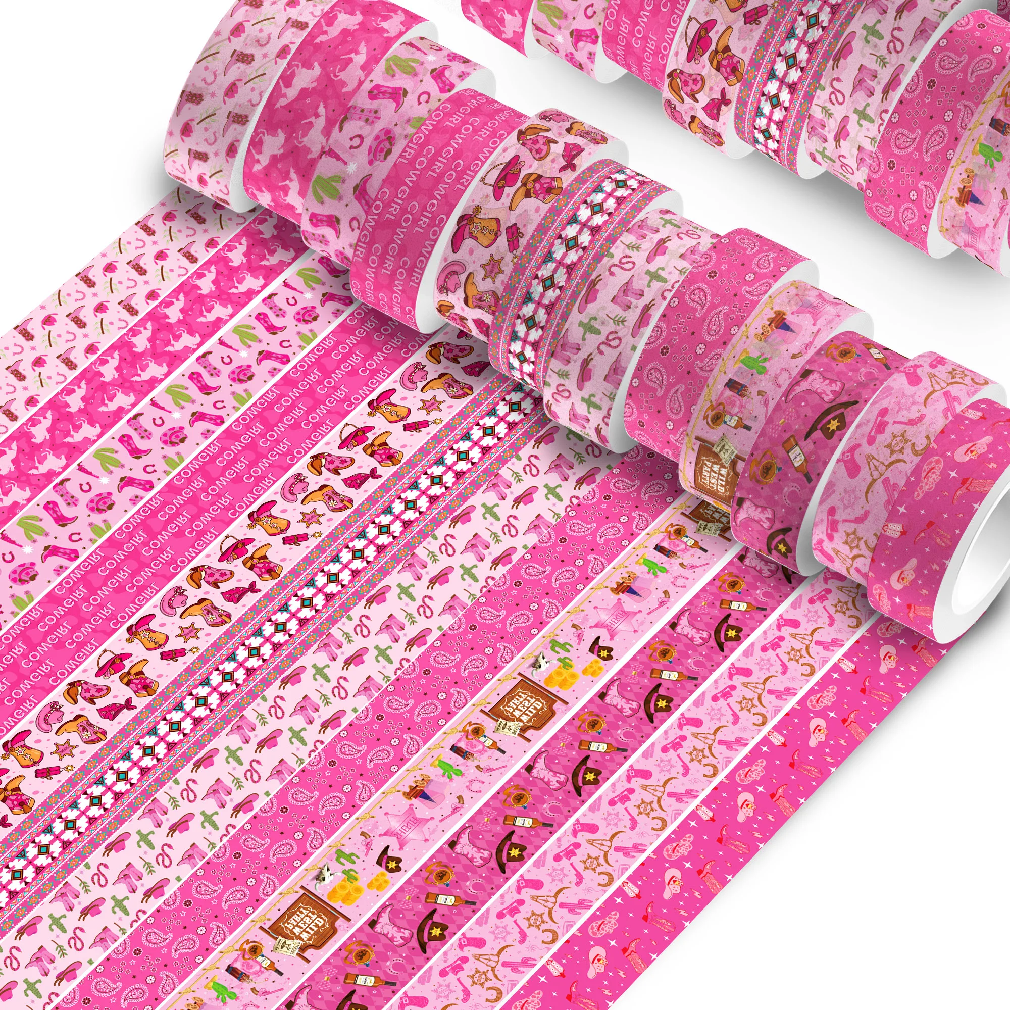 12 롤 서양 카우걸 테마 Washi 테이프 세트, 장식 종이 스티커, 선물 포장용 DIY 공예 테이프, 스크랩북