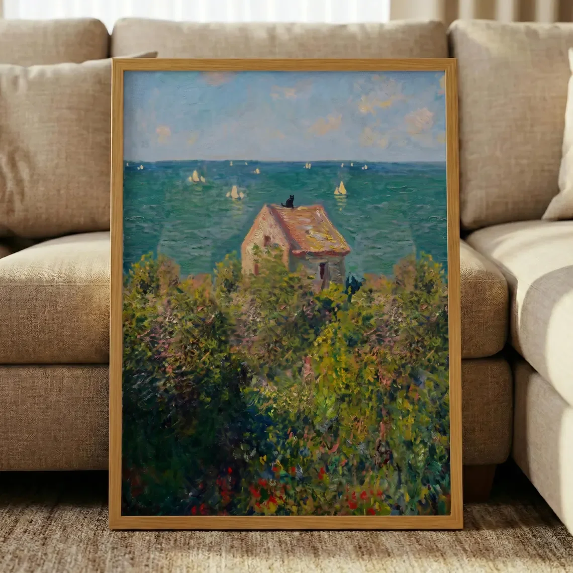Impressionist Ocean Print – Black Cat Wall Art, Altered Vintage Painting, Coastal Cottage Decor, Monet Style Poster, Quirky Fine