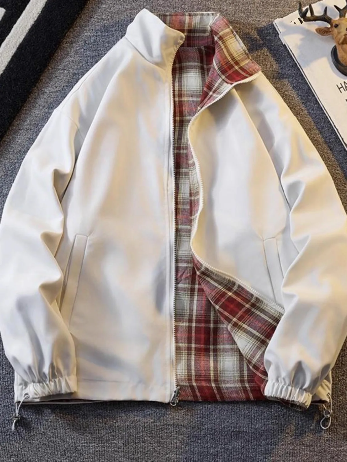 

Двусторонняя одежда в клетку, повседневная рабочая одежда, куртка для мужчин в стиле ретро, свободное пальто из полиэфирного волокна на молнии