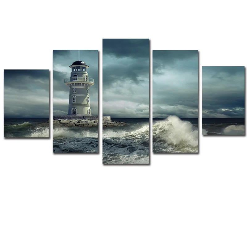 Lighthouse Cloudy Rough Wave Seascape 5Pcs Wall Art Canvas Poster Pictures Paintings Home Decor Living Room Decoration