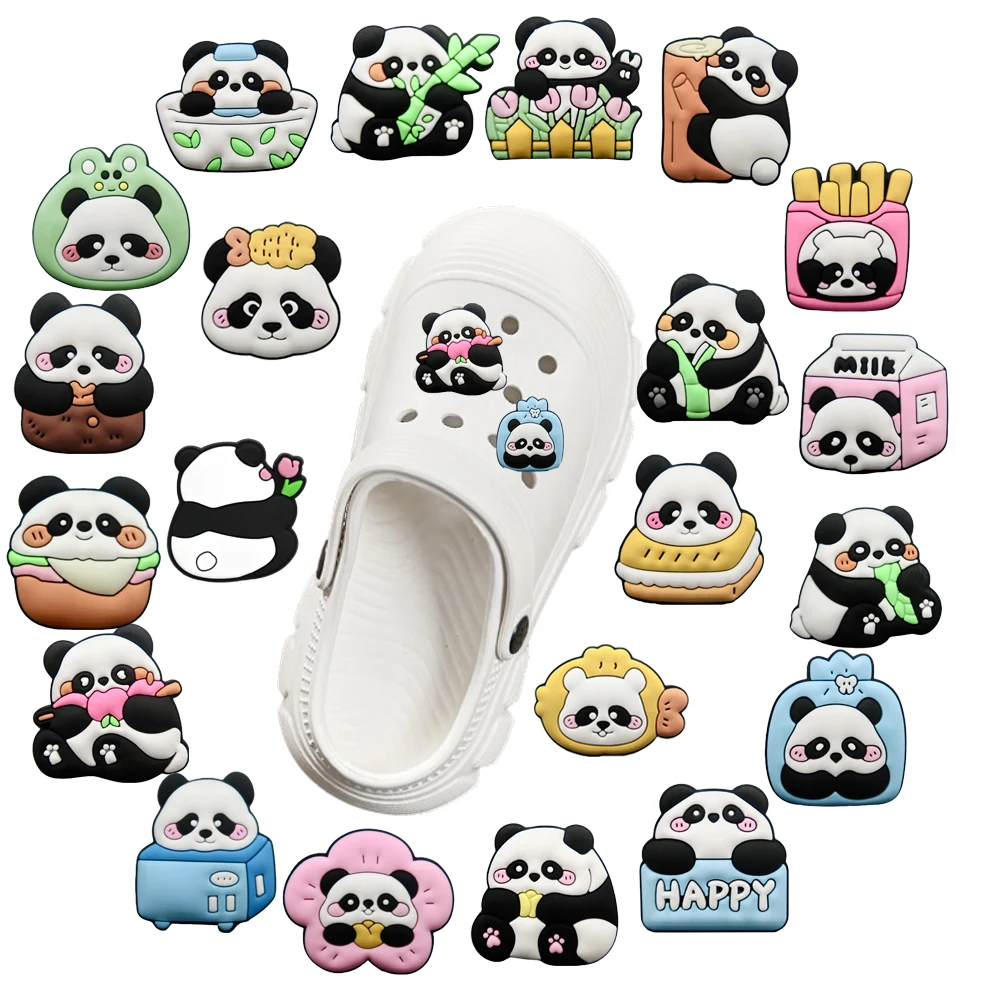 

1-21Pcs MINISO Cute Cartoon Panda Series PVC Shoes Accessories Fit with Hole wristbands DIY Shoe Decorations Buckle Kids Gifts