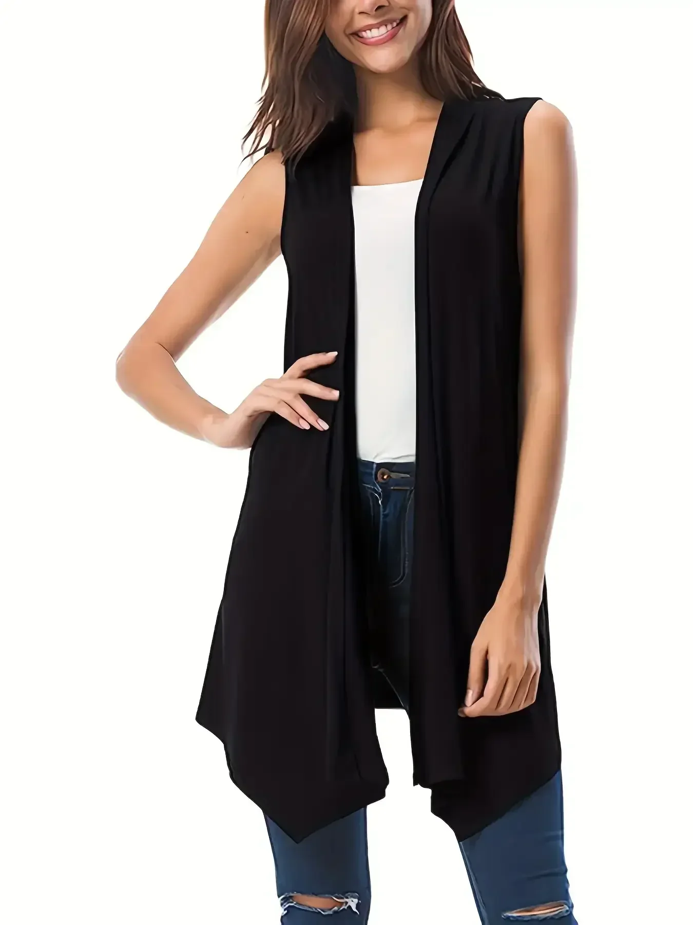 Women\'s Plus Size 1XL-5XL Fashionable Asymmetrical Hem Sleeveless Cardigan Versatile Solid Color Casual Cardigan Simple Cardigan