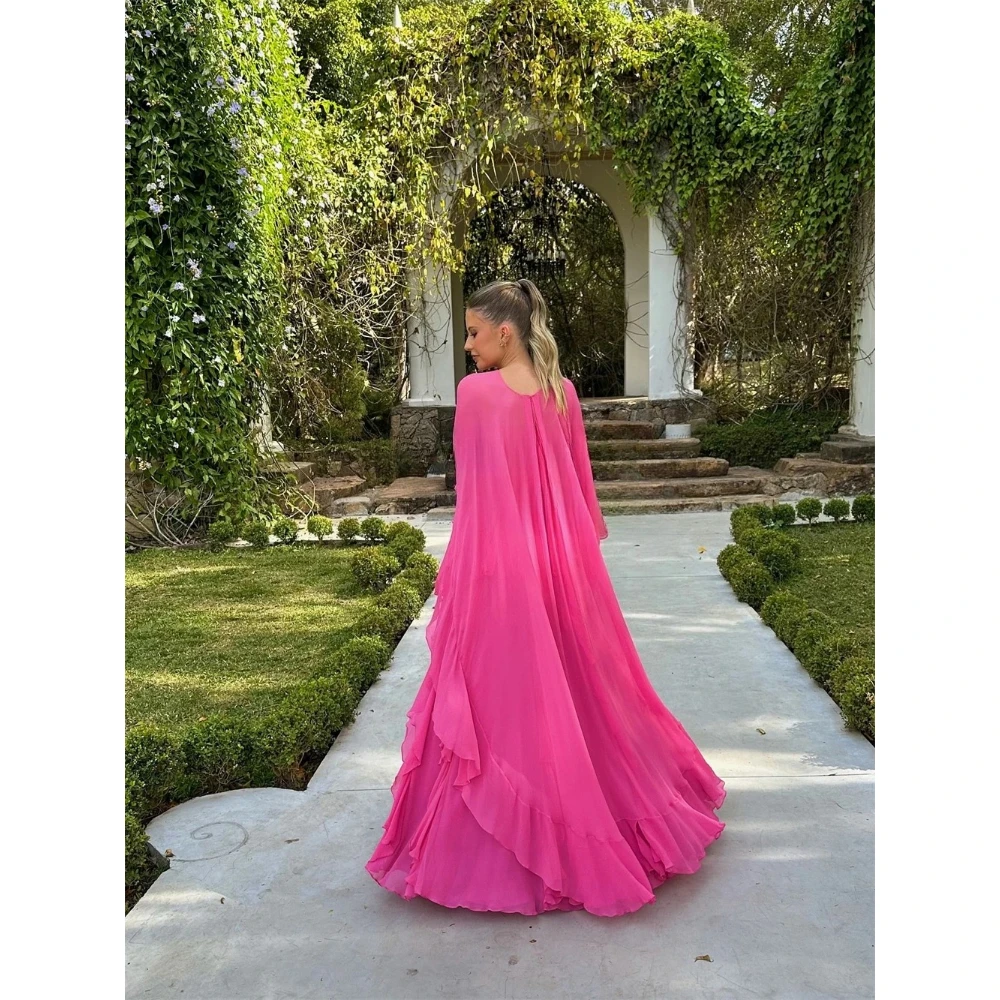 Elegant Fuchsia Evening Dresses Ruffles Chiffon Floor Length Mermaid Prom Gown O-Neck Long Sleeves Party Dress Customized