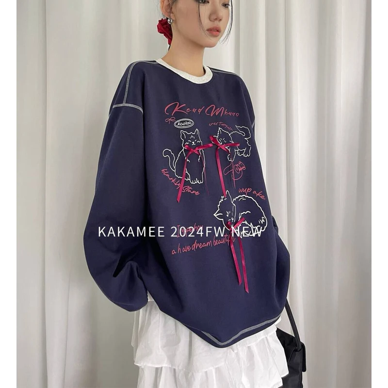 Contrast Lazy Style Loose T Shirts O-neck Bow Print Street Casual Pullovers Tops Fashion Harajuku Women Clothing Spring Autumn