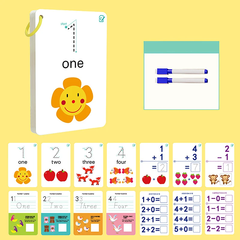 Cartões de aprendizagem infantil para leitura e escrita, flashcard cognição número, brinquedo educativo matemática para crianças